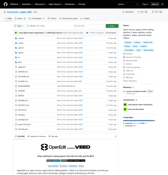 GitHub 上 veedstudio/open-edit 的仓库首页