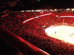 A sea of red-clad Calgary Flames fans at the arena