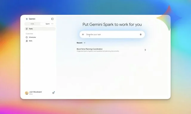 Gemini Spark 桌面端界面,左侧导航含 Tasks、Schedules、Skills,中部展示任务输入框
