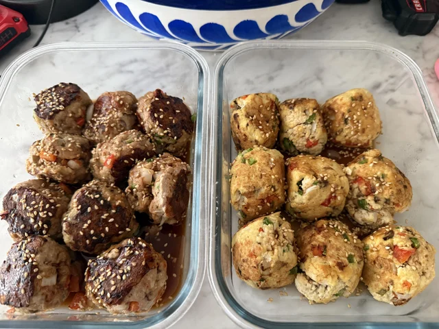 Two meal-prep containers filled with browned turkey balls and lighter tofu-and-vegetable balls