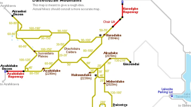 Daisetsuzan National Park trail map showing route connections between peaks, elevations, and walking times