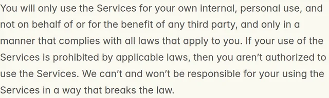 A sentence from Inception's Terms of Use restricting use to internal, personal use