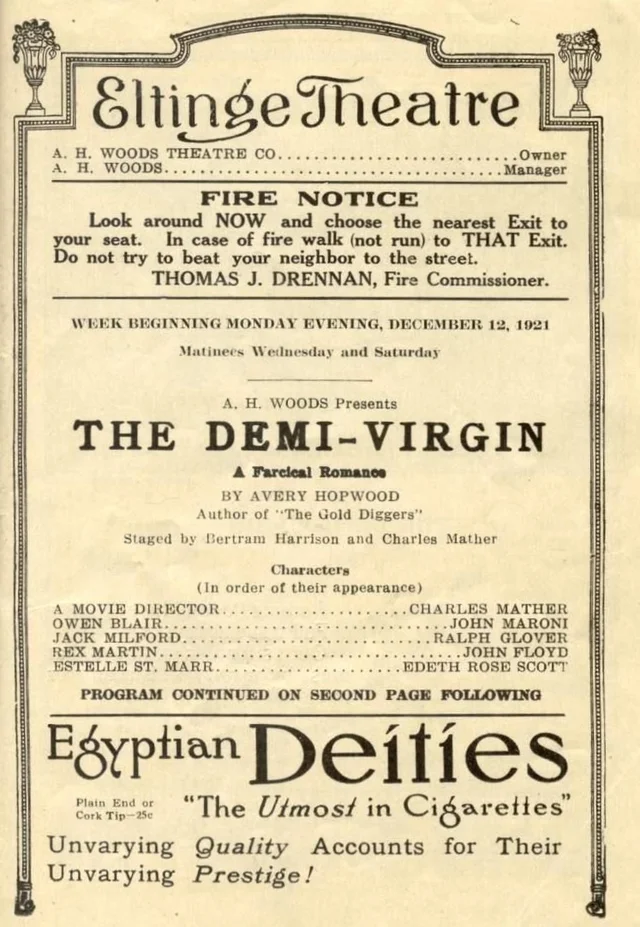 A faded programme page with an ornamental border headed Eltinge Theatre, listing the week of 12 December 1921, A. H. Woods Presents The Demi-Virgin, A Farcical Romance, by Avery Hopwood, above a cigarette advertisement