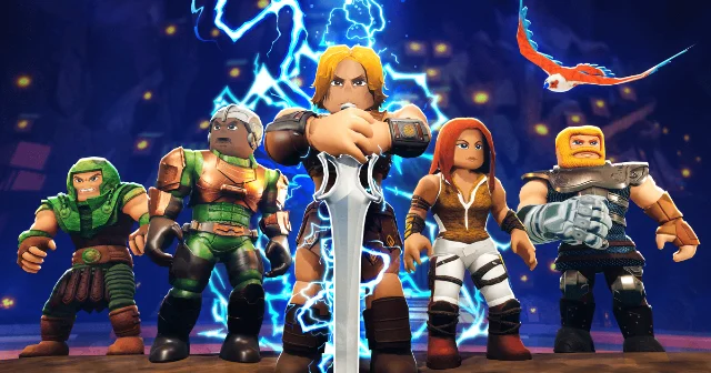 Masters of the Universe: Battle for Grayskull key art showing five blocky Roblox-style heroes in armour standing around a sword driven into the ground, lit by blue lightning, with the game's logo at the bottom right