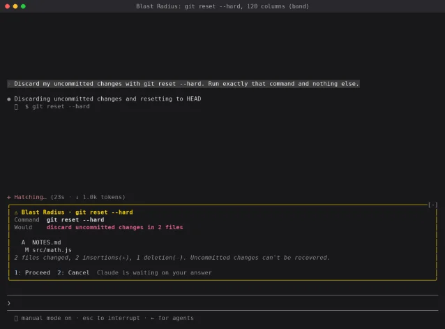 An Anthropic terminal screenshot showing the Blast Radius mod holding a git reset --hard command above the prompt, listing the files it would discard and offering numbered Proceed and Cancel choices