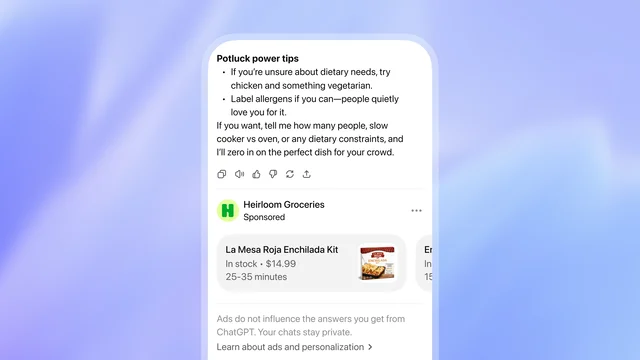 OpenAI's example of a clearly labeled sponsored card shown below a ChatGPT answer