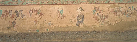 第100窟壁画局部,人物、车辆和侍从组成连续队列