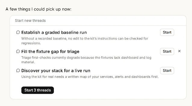 A product card titled Start new threads listing three proposed tasks with Start buttons and a Start 3 threads button