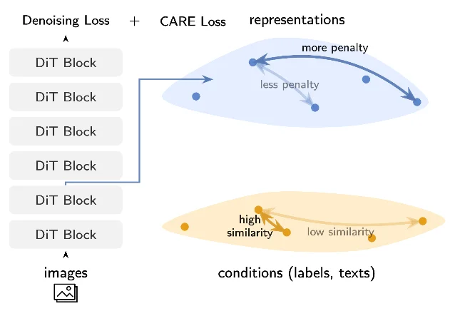 Two diagrams: a stack of DiT blocks with a denoising loss plus a CARE loss, and beside it a representation space in which a pair of similar conditions gets a heavy penalty while a dissimilar pair gets a light one
