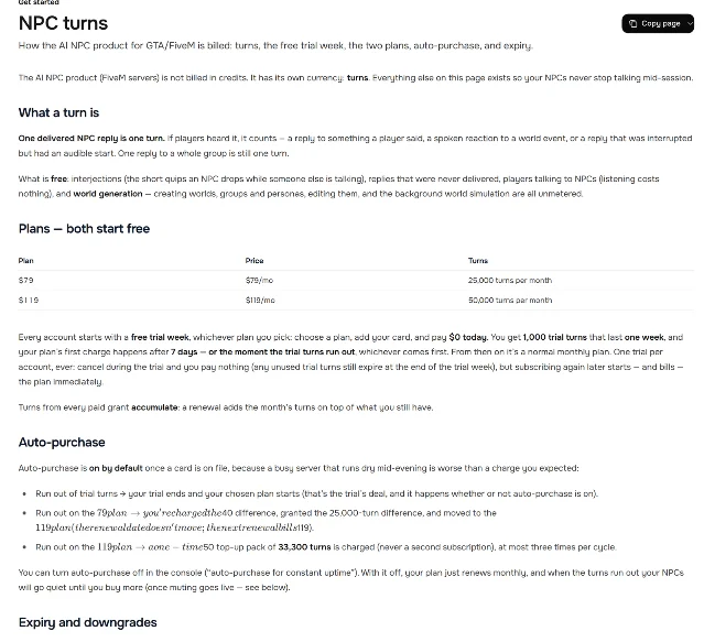 A documentation page headed NPC turns showing the definition of a turn, a two-row plan table for $79 and $119, and an auto-purchase section