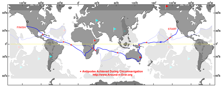 A route map showing Erden Eruç's solo human-powered circumnavigation, with the start and finish at Bodega Bay and the ocean crossings drawn across the map