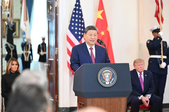 2026 年 9 月 24 日，美国总统特朗普在白宫举行仪式，欢迎中国国家主席习近平对美国进行国事访问，习近平在仪式上致辞。新华社记者李响摄。