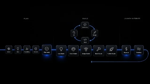 x1 官方流程示意：PLAN、BUILD、LAUNCH &amp; ITERATE 三段，中间有 Design / Build / QA 循环