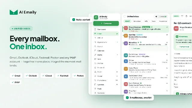 AI Emaily's unified inbox, with an AI summary panel and a draft-approval control on an open thread