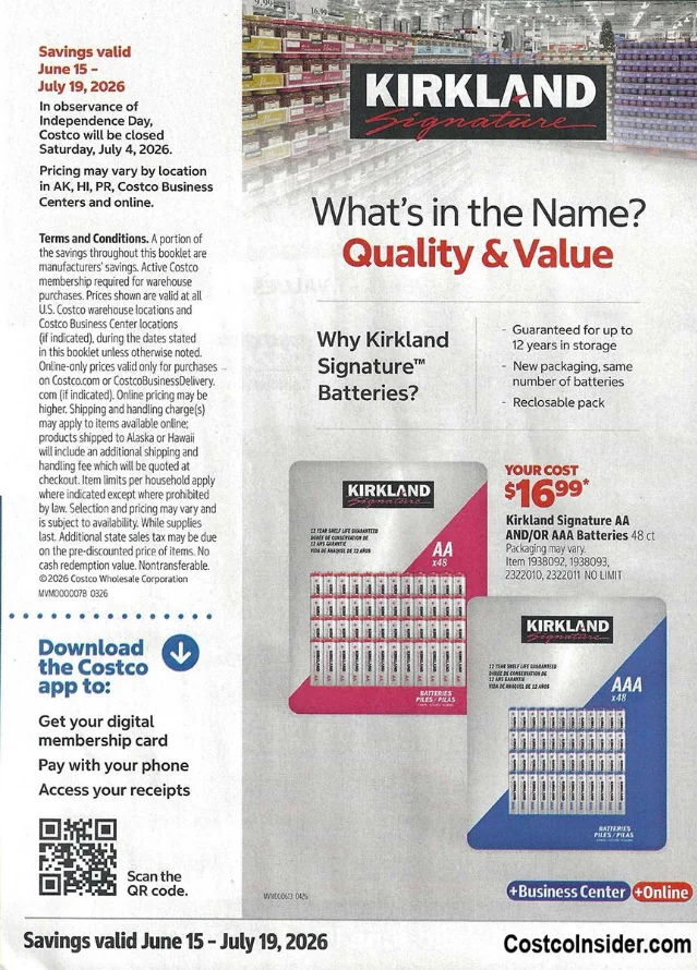 Costco June–July 2026 coupon book page 1 showing Kirkland Signature batteries and valid dates June 15–July 19, 2026