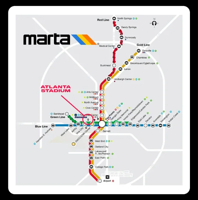 MARTA 线路图标出 Atlanta Stadium 周边车站