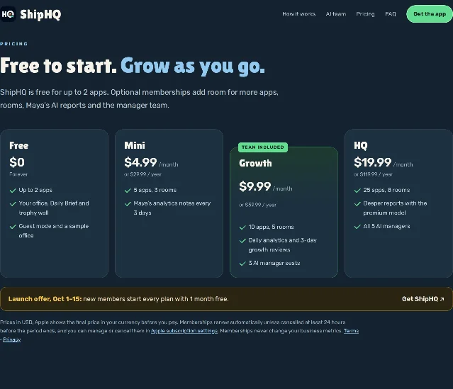 ShipHQ 官网定价一节：Free $0、Mini $4.99、Growth $9.99、HQ $19.99 四档，下面一条是 10 月 1–15 首月免费