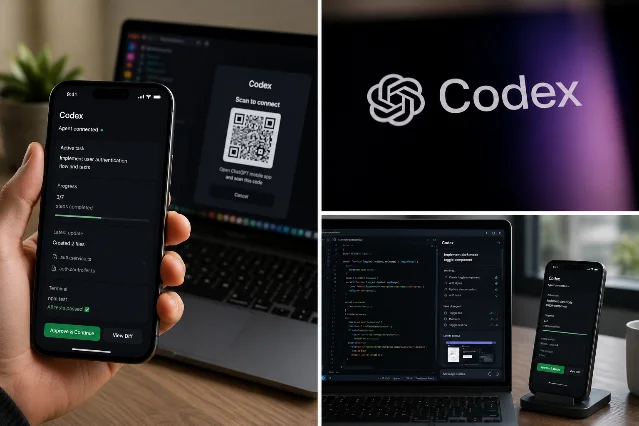 OpenAI Codex mobile — desktop pairing via QR code, showing synced task view on phone and VS Code session on laptop
