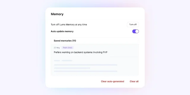 Lumo Memory settings showing saved-memory controls