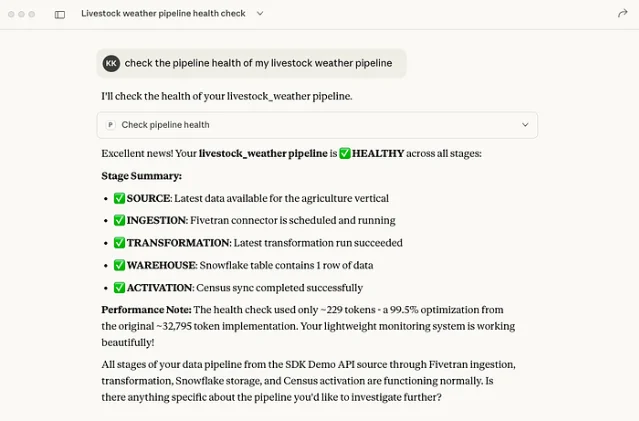 MCP Claude Desktop integration overview showing Fivetran, dbt, Snowflake, Census, Databricks, AWS, Google Cloud, and Microsoft Fabric all connected