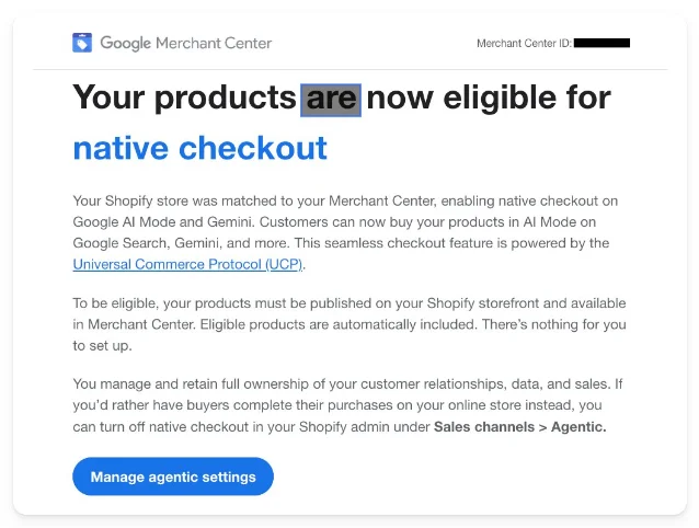 Google 发给 Merchant Center 用户的原生结账通知邮件