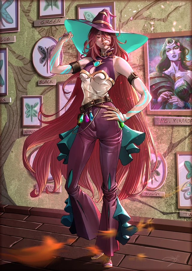 Kara Heartsteel anime character in full-body cel-shaded illustration with witch hat and crystal accessories
