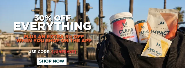 MyProtein "40% off almost everything" homepage banner — white background with promotional text