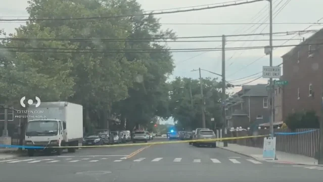 被警戒线封锁的 Rosedale Avenue 事发现场,远处闪灯警车