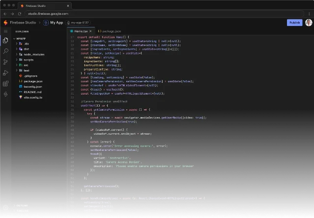 Firebase Studio 的代码面板界面