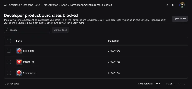 A Creator Hub page headed Developer product purchases blocked, listing three products with their product IDs and a Mark as fixed button