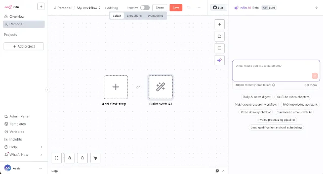 The AI Builder sidebar open, showing the "What would you like to automate?" input field with 20/20 monthly credits remaining and suggested prompt chips below.