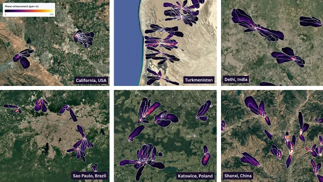 Six satellite image panels showing detected methane plumes and concentration heatmaps across California, Turkmenistan, India, Brazil, Poland, and China