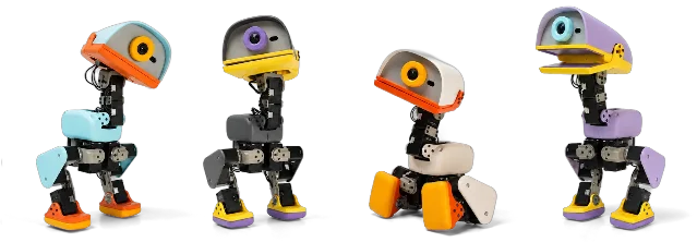 四种配色的 Microduck 机器人并排站立