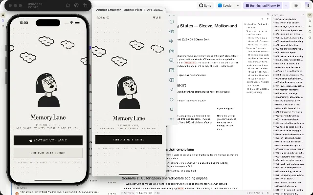 同一个 Memory Lane 功能分别在 iPhone 16 模拟器与 Android 模拟器里运行,两个模拟器并排显示在同一块屏幕上,画面结构相同,按钮文案各按平台惯例