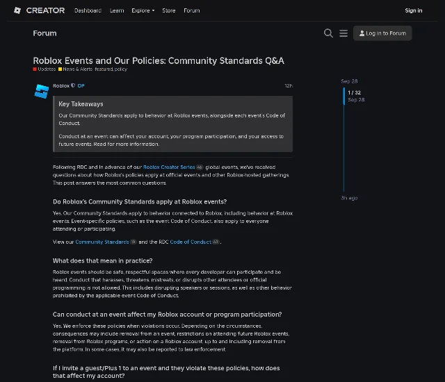 Roblox's Developer Forum post on event conduct, showing its headings and a Key Takeaways panel