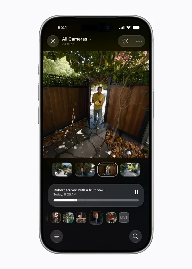 An iPhone Home app screen showing an AI-generated camera summary