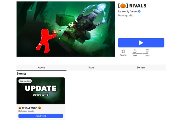 The RIVALS Roblox listing: a pumpkin in the title, a Halloween key art banner, and an event card reading UPDATE October 16 above "RIVALSWEEN"