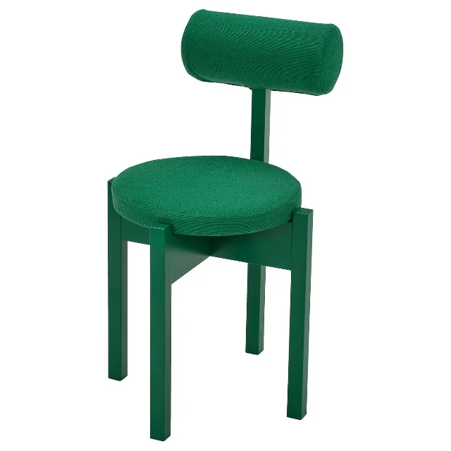 IKEA PS 2026 reversible chair in bright green, viewed from the side showing its circular and square geometry