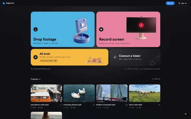Supercut home screen showing footage, screen recording, editing tools, folder access, and local processing