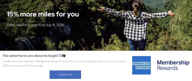 Avianca LifeMiles promotion banner reading '15% more miles for you — Offer valid from June 15 to July 15, 2026' with American Express Membership Rewards logo