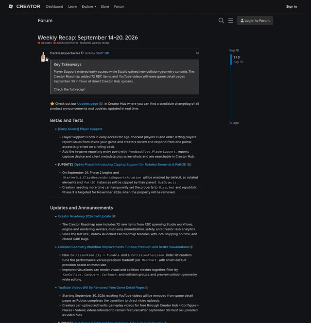 Roblox's Weekly Recap for September 14-20, 2026 on the Developer Forum, showing the key takeaways block, the Betas and Tests section with the September 24 clipping change, and the Updates and Announcements section