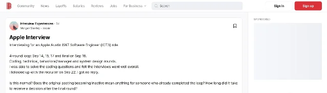 Blind post titled "Apple Interview", showing the four-round loop dates of Sep. 14, 15, 17 and 18, the follow-up with the recruiter on Sep. 22 and the note that no reply came, under a 5d age marker