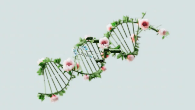 AI 辅助基因组研究概念图,DNA 双螺旋与自然元素融合的创意示意