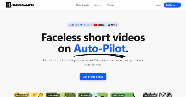 PassiveShorts homepage showing the topic, voice, schedule, and auto-posting workflow