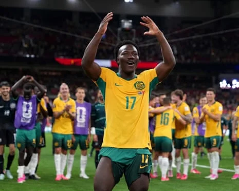 Australia's Nestory Irankunda celebrates after full-time at BC Place