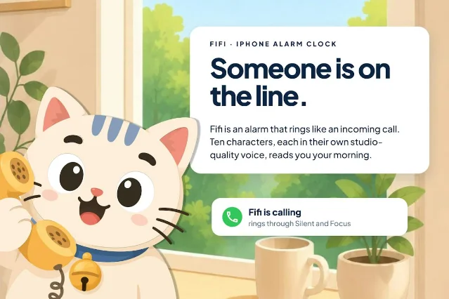 手机屏幕上显示一条标题为「Fifi is calling」的系统闹钟提示,旁边是一只拿着电话听筒的白猫插画