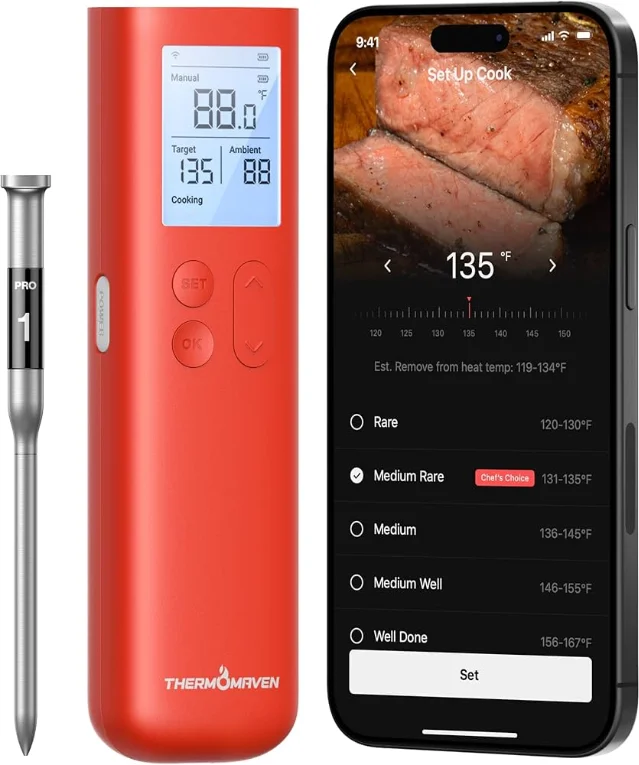 ThermoMaven G1 smart Bluetooth wireless meat thermometer — red probe, smart display base, and charging dock