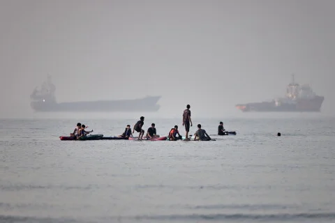 Vessels anchored in the Strait of Hormuz off Bandar Abbas, Iran