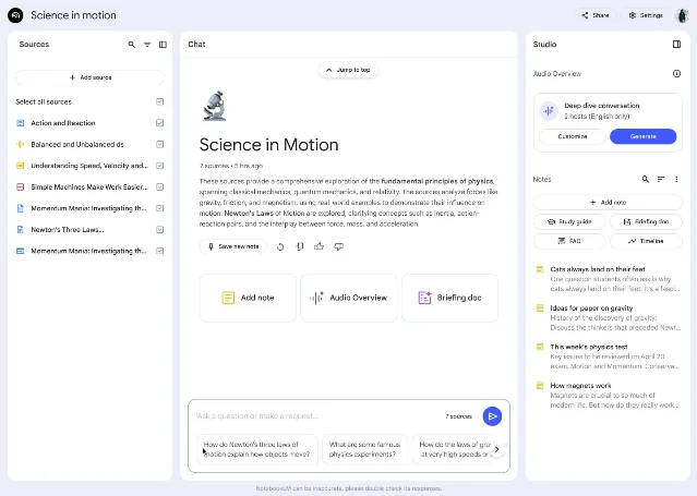 NotebookLM 三栏界面截图