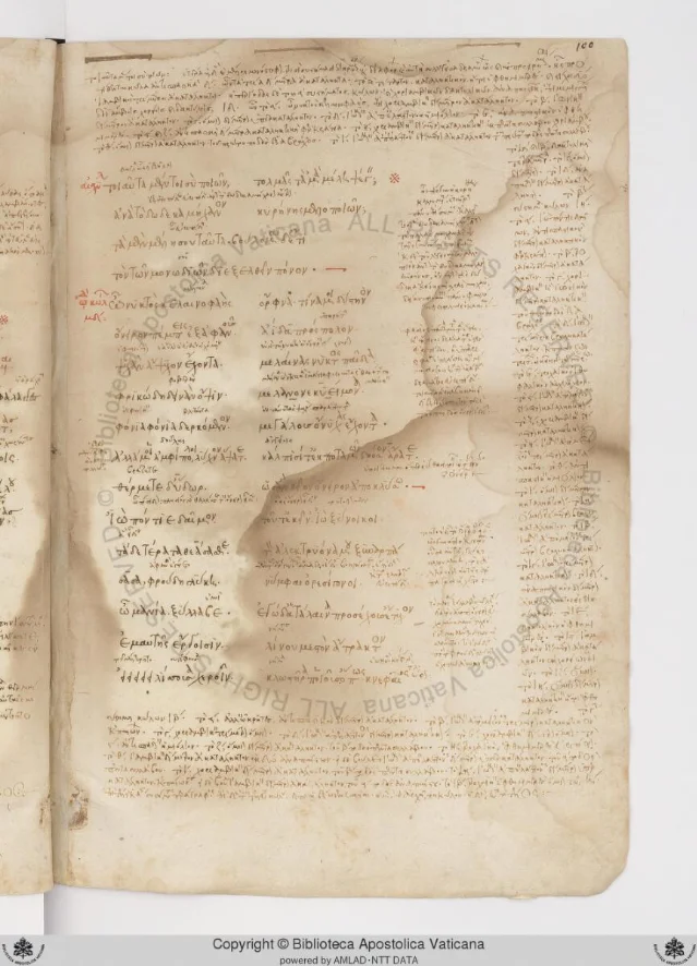 Folio 100r of Vat.gr.1294, showing the 14th-century main text of Aristophanes with scholia filling the margins